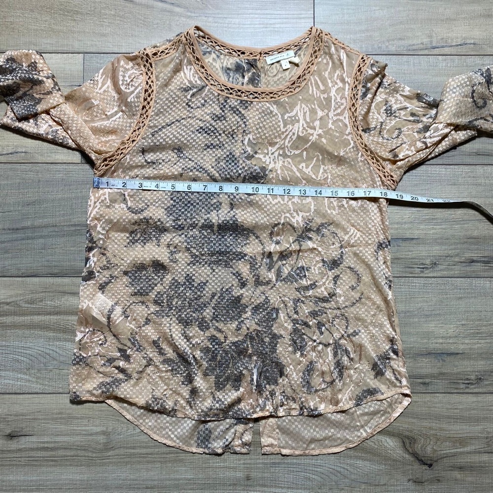 Meadow Rue Anthropologie Womens Floral Sheer Back Button Blouse S Peach Brown - Picture 2 of 8